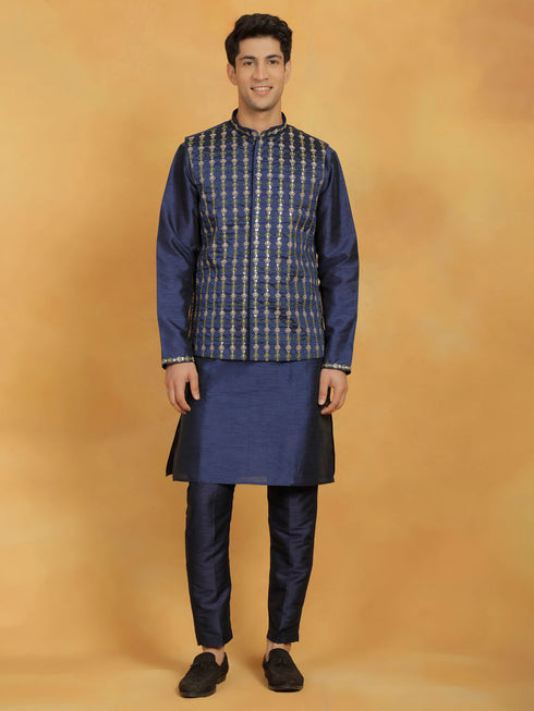 Vastramay Men's Navy Blue Dupion Silk Kurta Pyjama Set