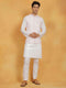 Vastramay Men's White And Pink Cotton Silk Jacket, Kurta and Pyjama Set