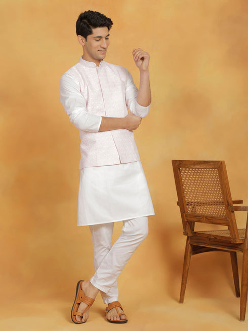 Vastramay Men's White And Pink Cotton Silk Jacket, Kurta and Pyjama Set