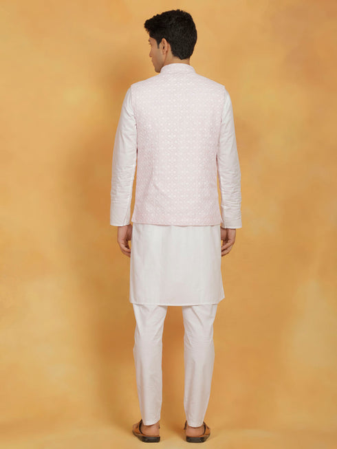 Vastramay Men's White And Pink Cotton Silk Jacket, Kurta and Pyjama Set