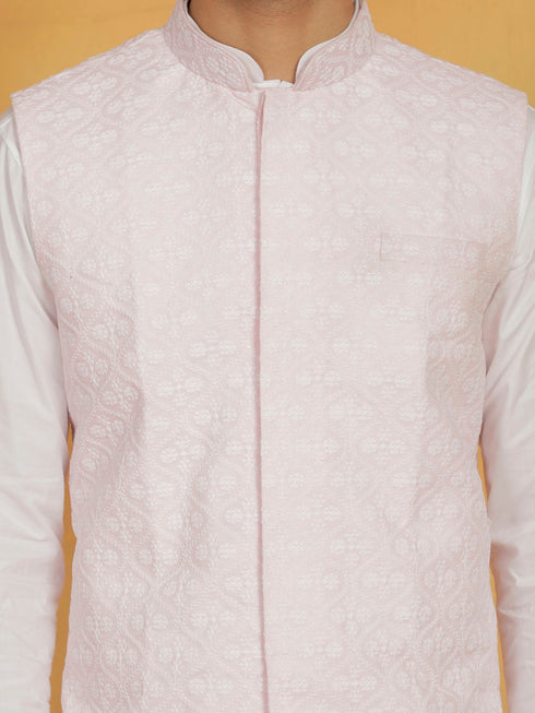 Vastramay Men's White And Pink Cotton Silk Jacket, Kurta and Pyjama Set