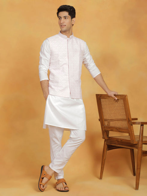 Vastramay Men's White And Pink Cotton Silk Jacket, Kurta and Pyjama Set