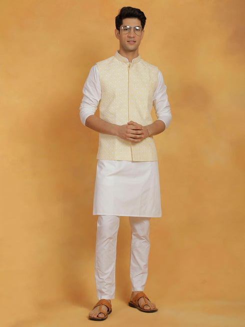 Vastramay Men's White And Yellow Cotton Silk Jacket, Kurta and Pyjama Set