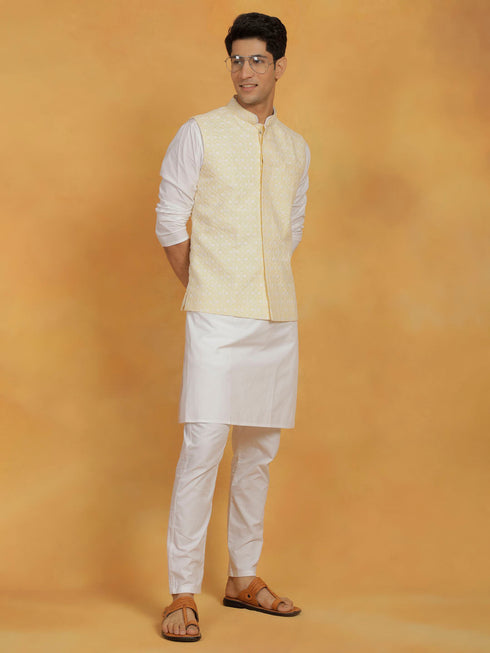 Vastramay Men's White And Yellow Cotton Silk Jacket, Kurta and Pyjama Set