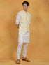 Vastramay Men's White And Yellow Cotton Silk Jacket, Kurta and Pyjama Set