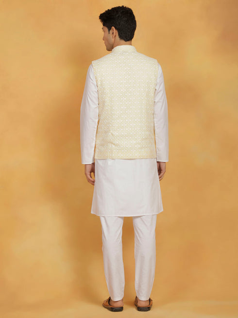 Vastramay Men's White And Yellow Cotton Silk Jacket, Kurta and Pyjama Set