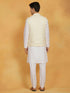 Vastramay Men's White And Yellow Cotton Silk Jacket, Kurta and Pyjama Set