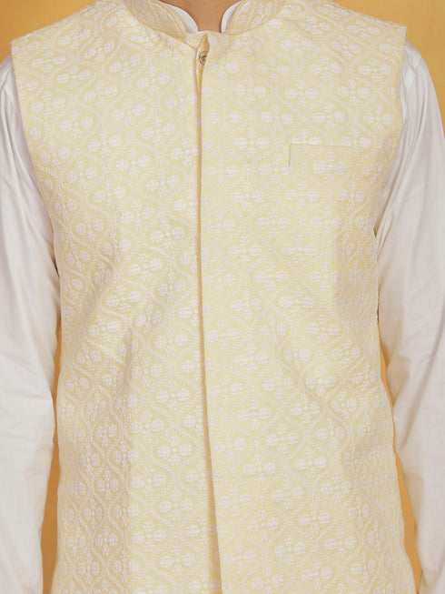 Vastramay Men's White And Yellow Cotton Silk Jacket, Kurta and Pyjama Set