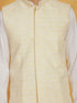 Vastramay Men's White And Yellow Cotton Silk Jacket, Kurta and Pyjama Set