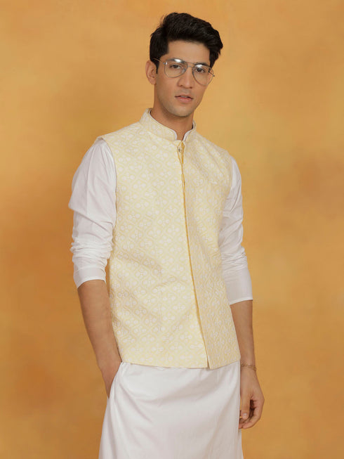 Vastramay Men's White And Yellow Cotton Silk Jacket, Kurta and Pyjama Set