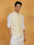 Vastramay Men's White And Yellow Cotton Silk Jacket, Kurta and Pyjama Set