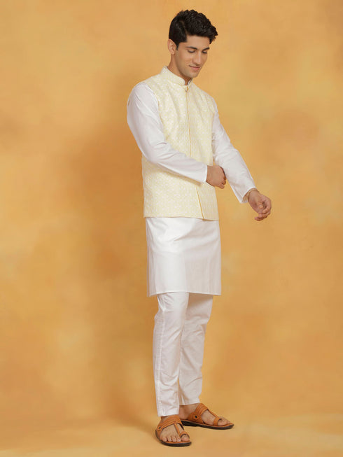 Vastramay Men's White And Yellow Cotton Silk Jacket, Kurta and Pyjama Set