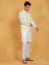 Vastramay Men's White And Yellow Cotton Silk Jacket, Kurta and Pyjama Set