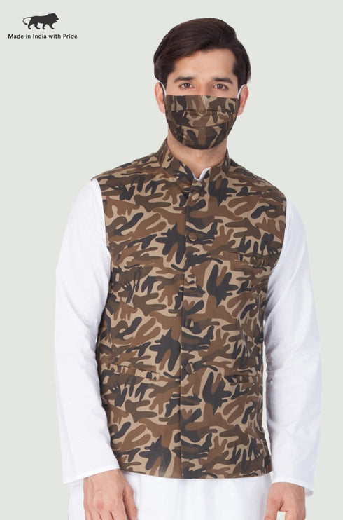 VASTRAMAY Men's Camouflage Print Cotton Ethnic Jacket