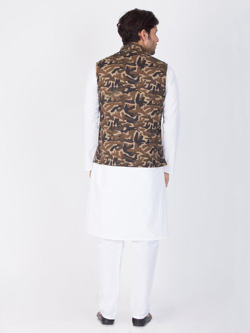 VASTRAMAY Men's White Cotton Blend Kurta, Ethnic Jacket and Pyjama Set
