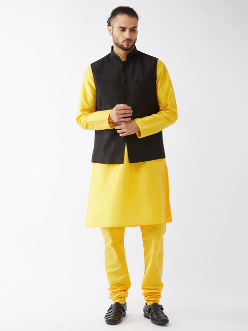 Vastramay Men's Black Silk Blend Ethnic Jacket Yellow Kurta and Pyjama Set