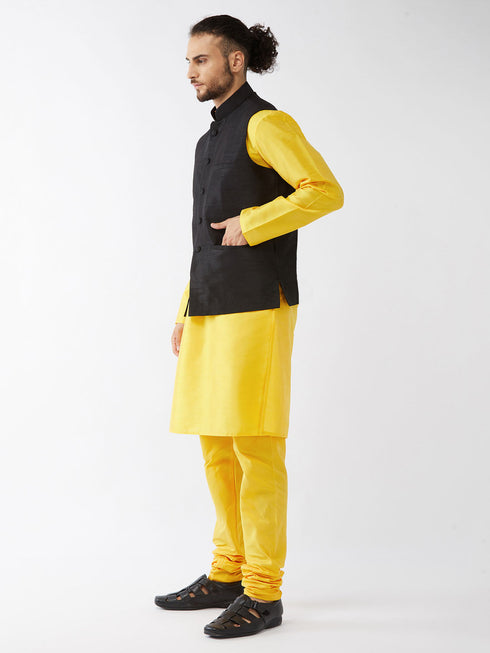 Vastramay Men's Black Silk Blend Ethnic Jacket Yellow Kurta and Pyjama Set