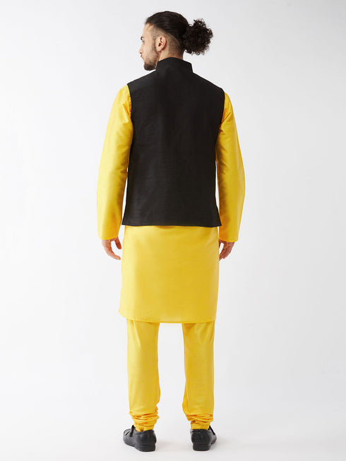 Vastramay Men's Black Silk Blend Ethnic Jacket Yellow Kurta and Pyjama Set