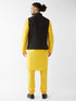 Vastramay Men's Black Silk Blend Ethnic Jacket Yellow Kurta and Pyjama Set