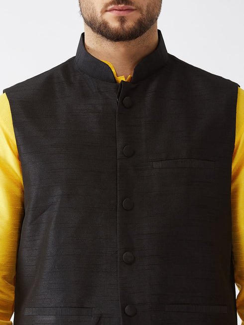 Vastramay Men's Black Silk Blend Ethnic Jacket Yellow Kurta and Pyjama Set