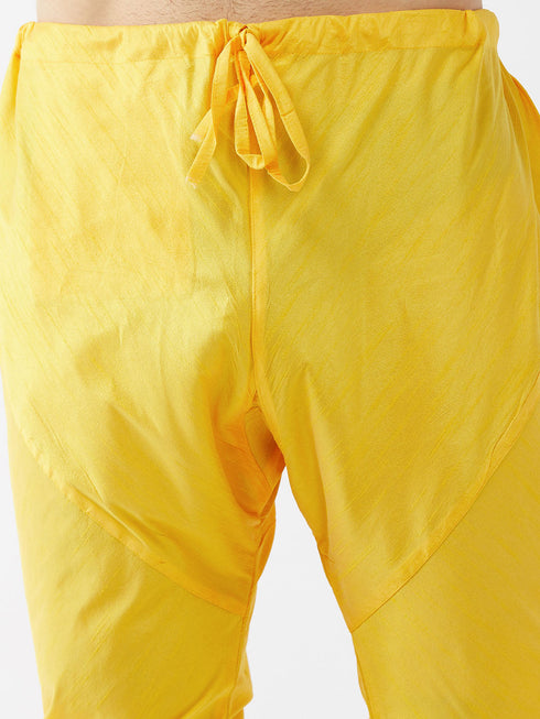 Vastramay Men's Black Silk Blend Ethnic Jacket Yellow Kurta and Pyjama Set