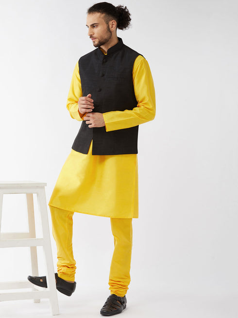 Vastramay Men's Black Silk Blend Ethnic Jacket Yellow Kurta and Pyjama Set