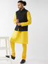Vastramay Men's Black Silk Blend Ethnic Jacket Yellow Kurta and Pyjama Set