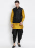 Vastramay Men's Yellow Cotton Silk Blend Ethnic Jacket, Kurta and Dhoti Pant Set