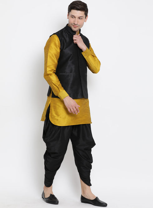 Vastramay Men's Yellow Cotton Silk Blend Ethnic Jacket, Kurta and Dhoti Pant Set