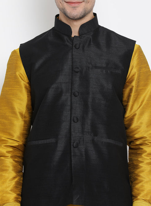 Vastramay Men's Yellow Cotton Silk Blend Ethnic Jacket, Kurta and Dhoti Pant Set