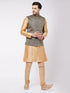 Vastramay Men's Rose Gold Silk Blend Kurta And Pyjama With Black Woven Nehru Jacket