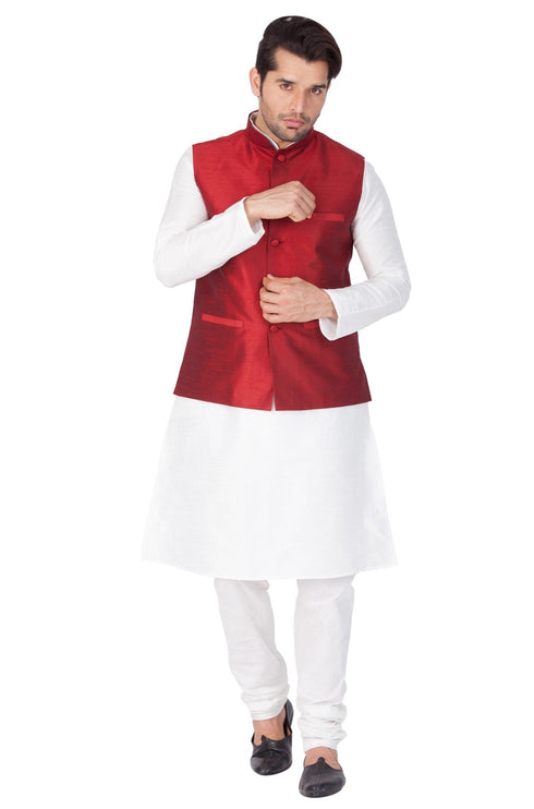 Vastramay Men's White Cotton Silk Blend Kurta, Ethnic Jacket and Pyjama Set