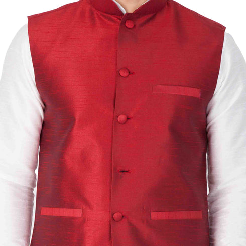 Vastramay Men's White Cotton Silk Blend Kurta, Ethnic Jacket and Pyjama Set