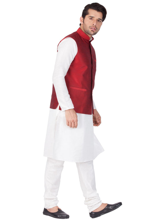 Vastramay Men's White Cotton Silk Blend Kurta, Ethnic Jacket and Pyjama Set
