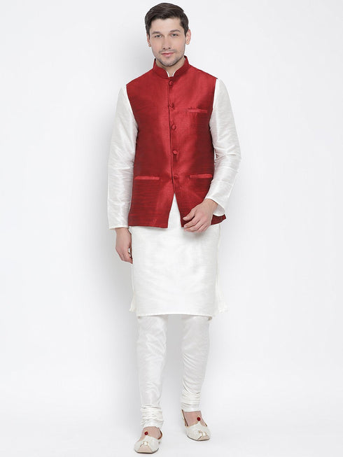 Vastramay Men's White Cotton Silk Blend Kurta, Ethnic Jacket and Pyjama Set