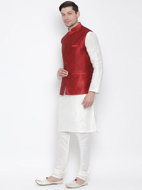 Vastramay Men's White Cotton Silk Blend Kurta, Ethnic Jacket and Pyjama Set