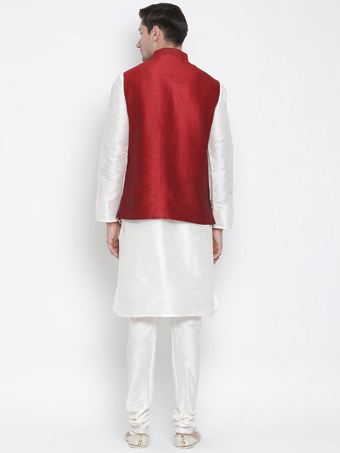 Vastramay Men's White Cotton Silk Blend Kurta, Ethnic Jacket and Pyjama Set