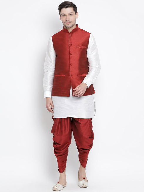 Vastramay Men's White Cotton Silk Blend Ethnic Jacket, Kurta and Dhoti Pant Set