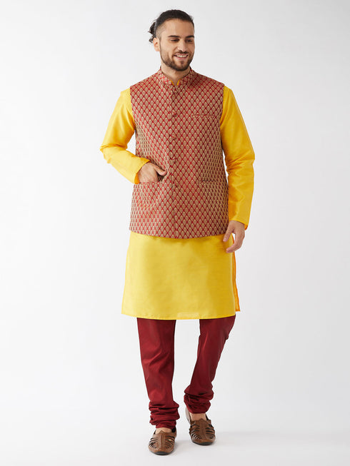 Vastramay Men's Maroon Silk Blend Ethnic Jacket Yellow Kurta and Maroon Pyjama Set