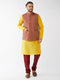 Vastramay Men's Maroon Silk Blend Ethnic Jacket Yellow Kurta and Maroon Pyjama Set