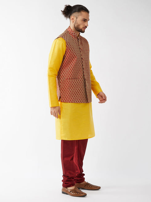 Vastramay Men's Maroon Silk Blend Ethnic Jacket Yellow Kurta and Maroon Pyjama Set