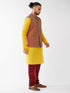 Vastramay Men's Maroon Silk Blend Ethnic Jacket Yellow Kurta and Maroon Pyjama Set