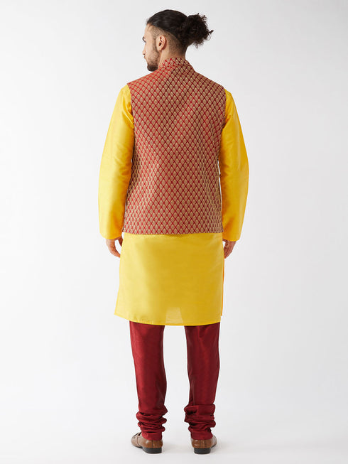 Vastramay Men's Maroon Silk Blend Ethnic Jacket Yellow Kurta and Maroon Pyjama Set