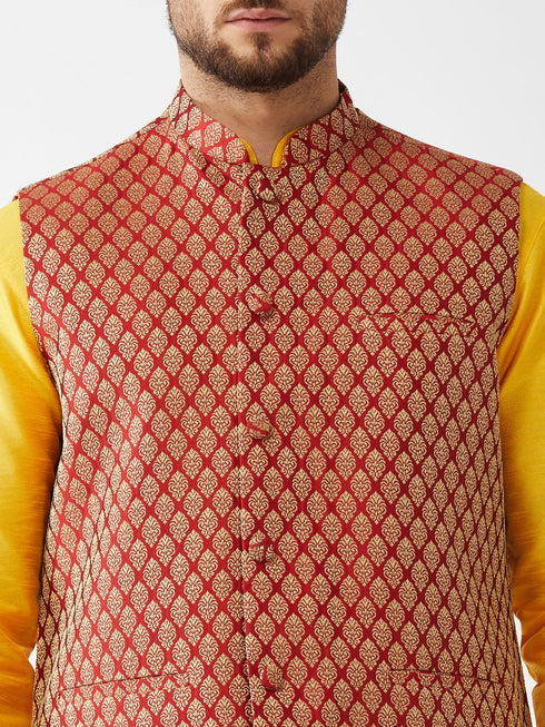 Vastramay Men's Maroon Silk Blend Ethnic Jacket Yellow Kurta and Maroon Pyjama Set