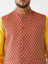 Vastramay Men's Maroon Silk Blend Ethnic Jacket Yellow Kurta and Maroon Pyjama Set