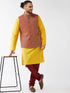 Vastramay Men's Maroon Silk Blend Ethnic Jacket Yellow Kurta and Maroon Pyjama Set
