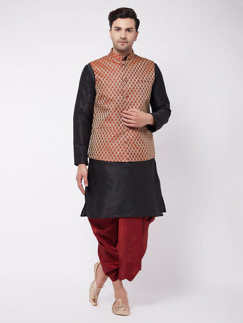 Vastramay Men's Black Silk Blend Kurta And Dhoti With Maroon Woven Nehru Jacket