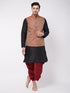 Vastramay Men's Black Silk Blend Kurta And Dhoti With Maroon Woven Nehru Jacket