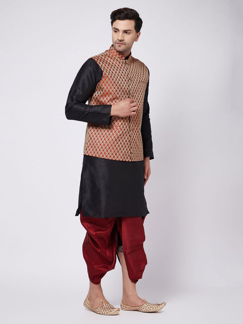 Vastramay Men's Black Silk Blend Kurta And Dhoti With Maroon Woven Nehru Jacket