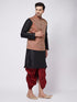 Vastramay Men's Black Silk Blend Kurta And Dhoti With Maroon Woven Nehru Jacket